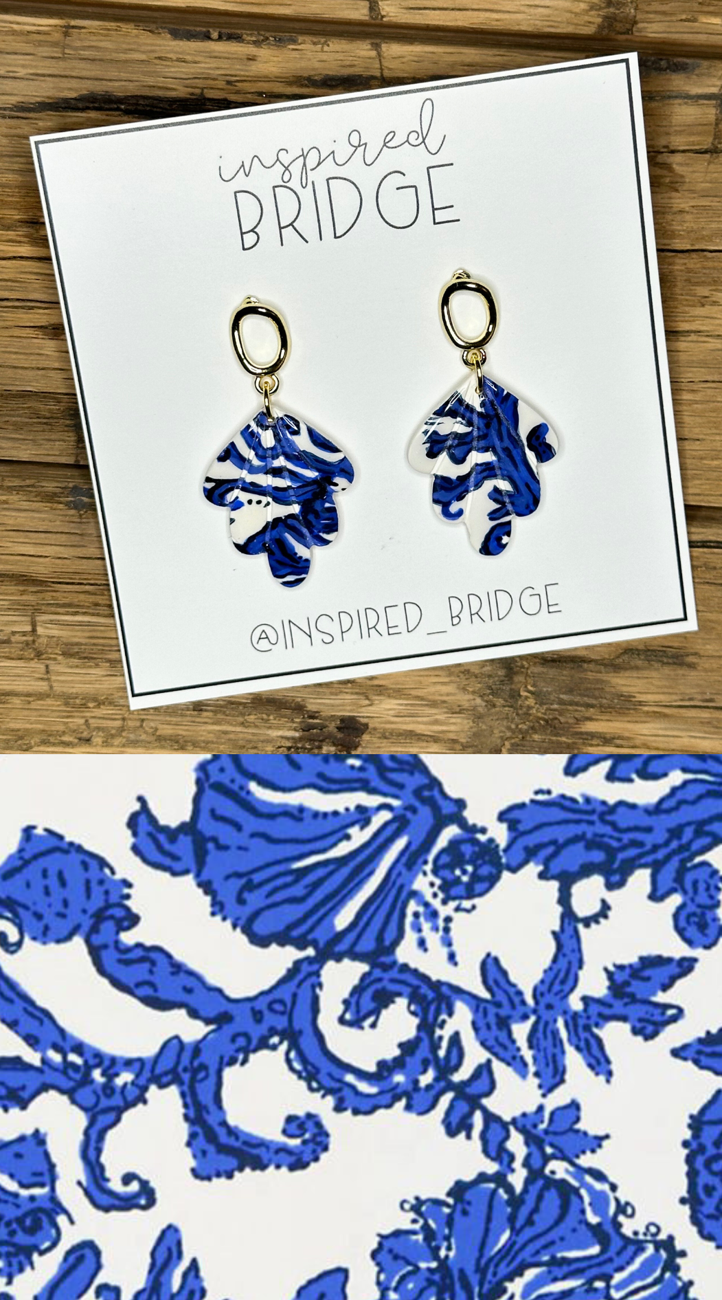 Hand-painted polymer clay dangle earrings made to match blue patterns dress.